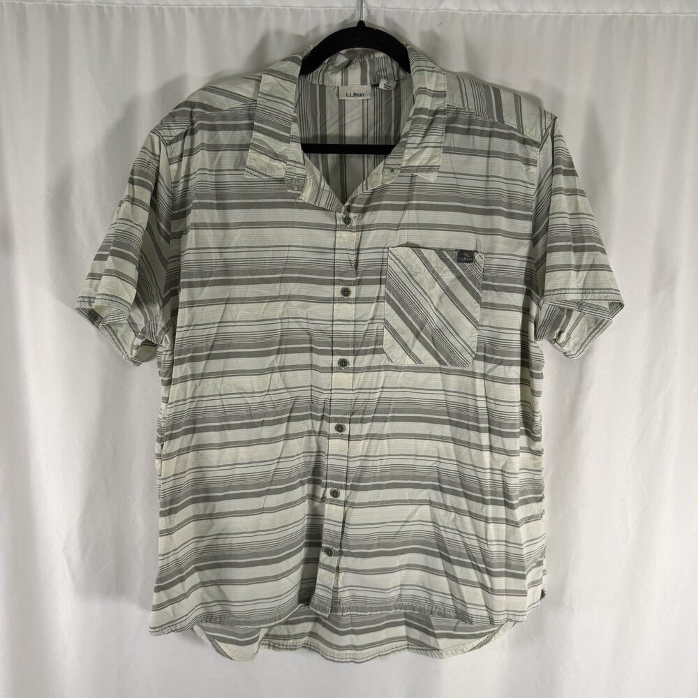 LL Bean Fishing Polo Men's XL Green Striped Short Sleeve Button Up Nylon Blend